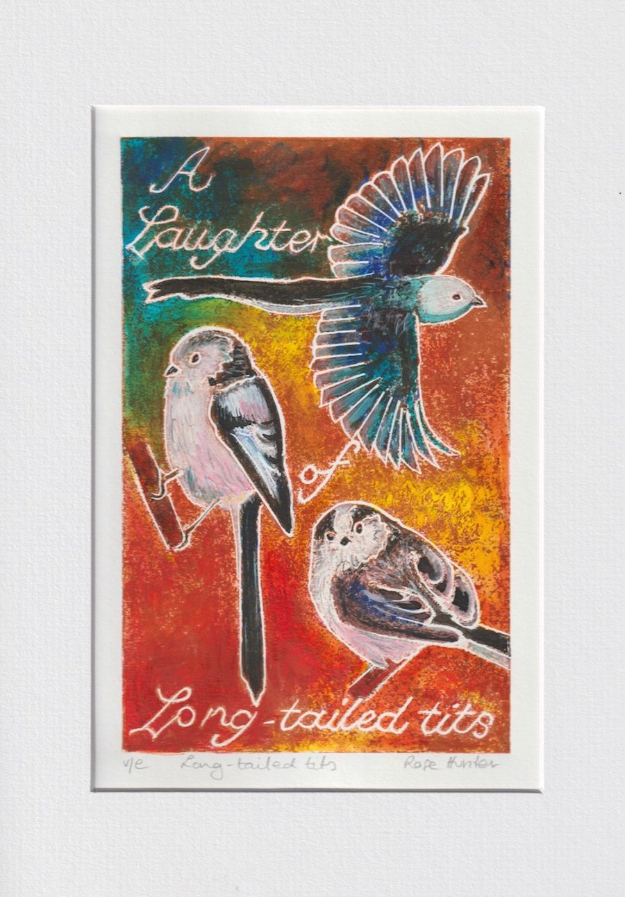 A Laughter of Long-tailed tits - 001 original hand painted Lino print