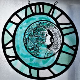 Art Noveau Woman Roundel, Stained Glass Panel 