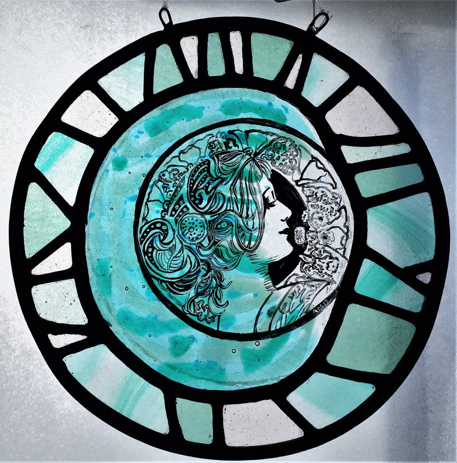 Art Noveau Woman Roundel, Stained Glass Panel 