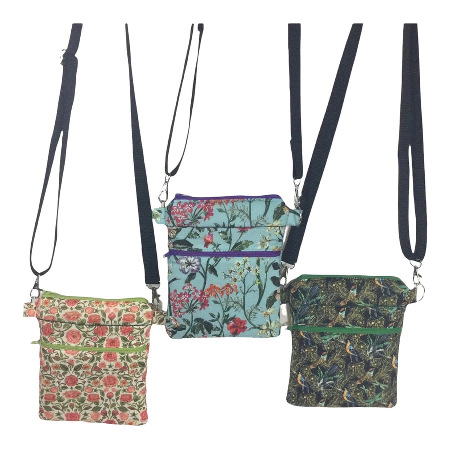 Liberty fabric slim phone shoulder bag with multi pockets, teen messenger style 