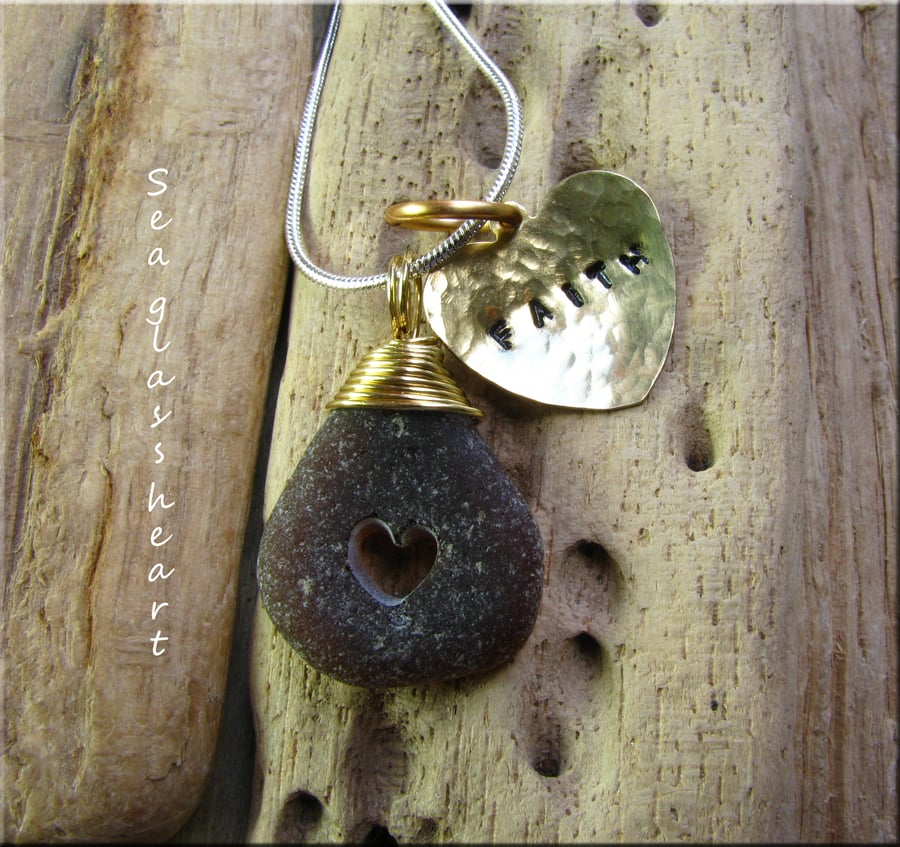 Natural sea glass heart pendant with word charm