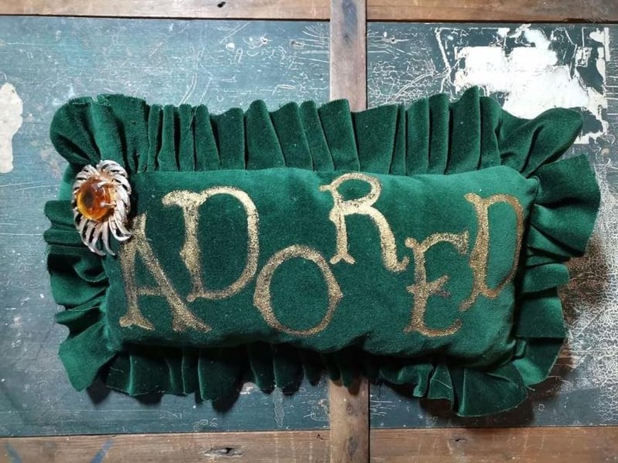 'Adored', velvet decorative mini pillow, bowl filler, shelf sitter, hand painted