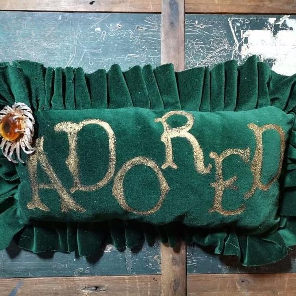 'Adored', velvet decorative mini pillow, bowl filler, shelf sitter, hand painted