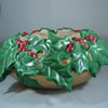 Large Green Ceramic Xmas Christmas Holly Berries Decorative Bowl Decoration.    