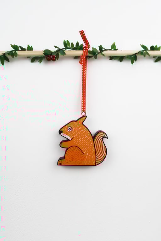 Squirrel hanging ornament, forest theme Christmas tree decoration.