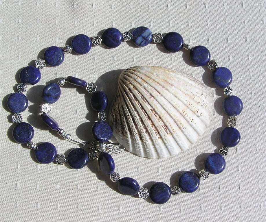 Blue Lapis Lazuli Gemstone Chunky Beaded Chakra Necklace "Blue Rose"