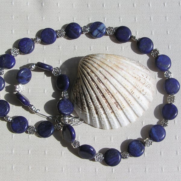 Blue Lapis Lazuli Gemstone Chunky Beaded Chakra Necklace "Blue Rose"