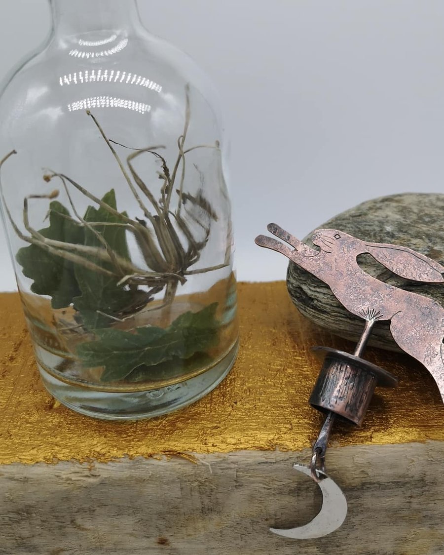 Copper Leaping Hare with Glass Bottle