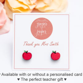 Hand Painted Wooden Red Apple Earrings, Apple Studs, Teacher Gift