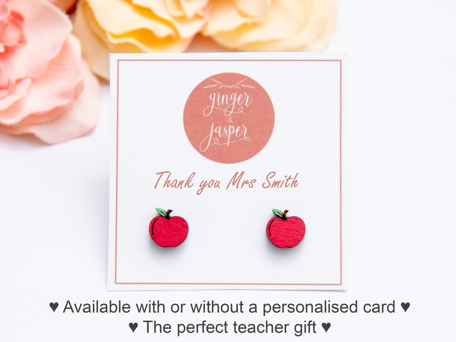 Hand Painted Wooden Red Apple Earrings, Apple Studs, Teacher Gift