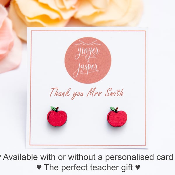 Hand Painted Wooden Red Apple Earrings, Apple Studs, Teacher Gift