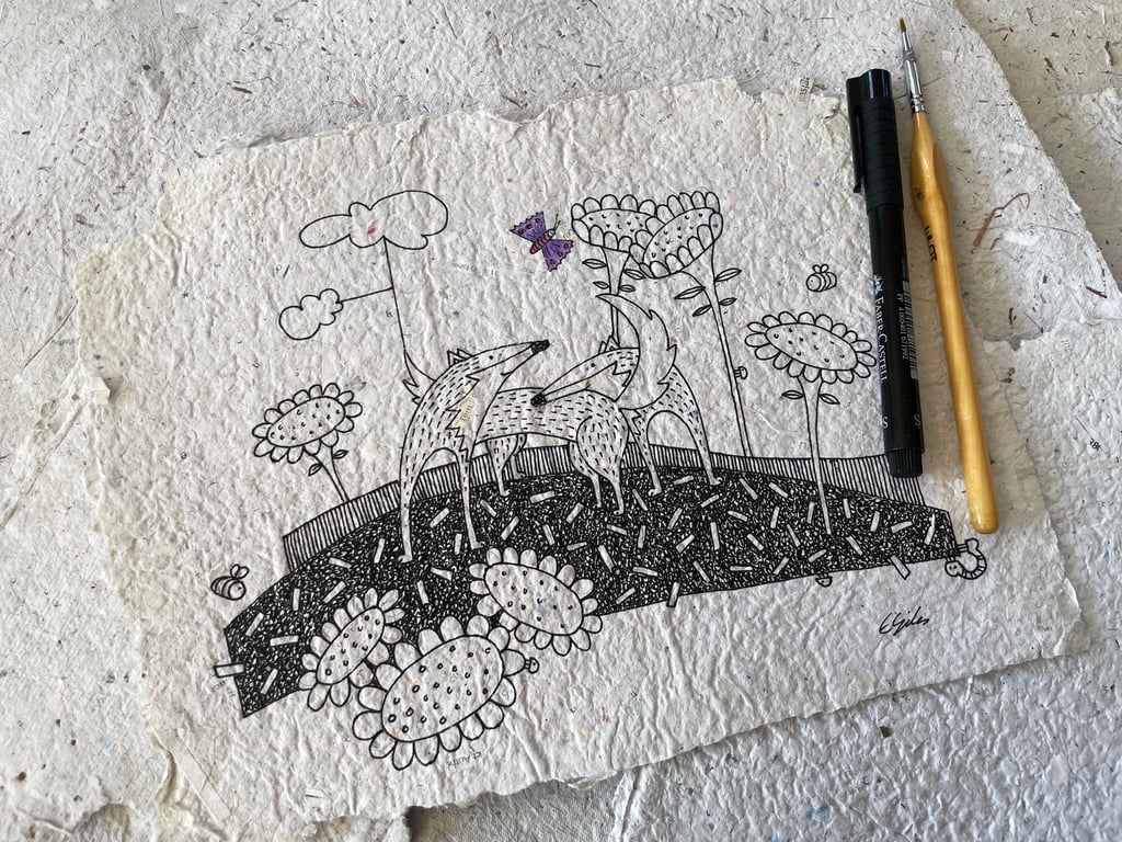 A little hug - original illustration on handmade paper