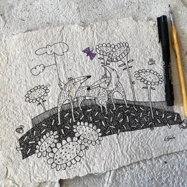 A little hug - original illustration on handmade paper