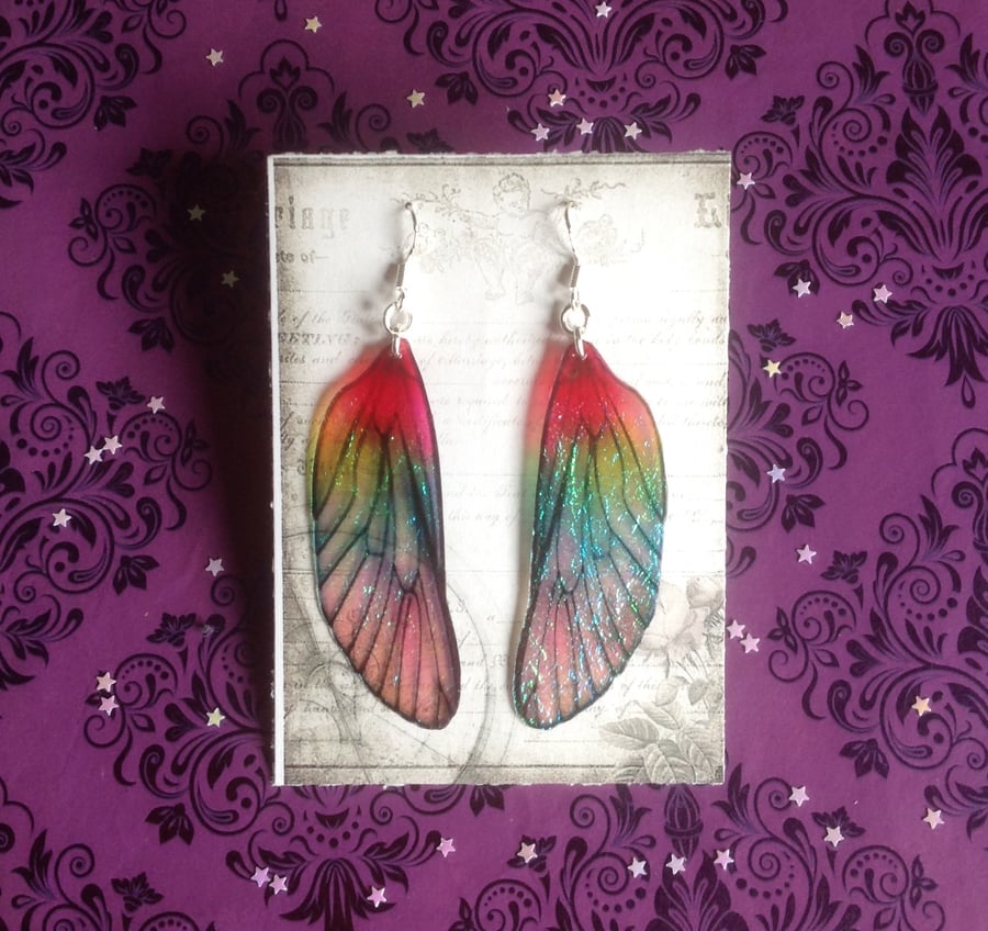 Large Pink and Green Mackintosh Style Fairy Wing Sterling Silver Earrings