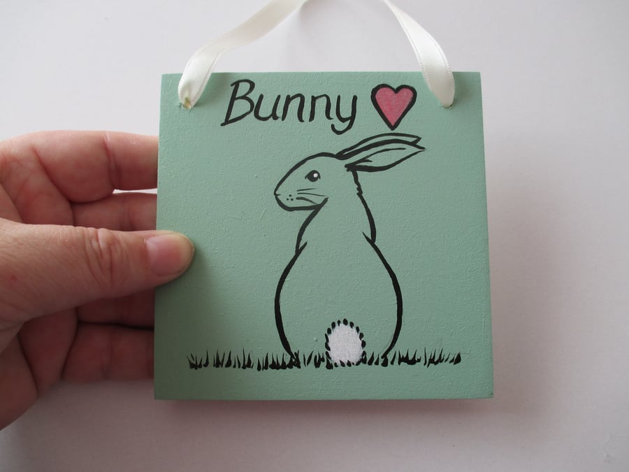 Bunny Rabbit Hand Painted Wooden Plaque White Hanging Decoration Love Heart