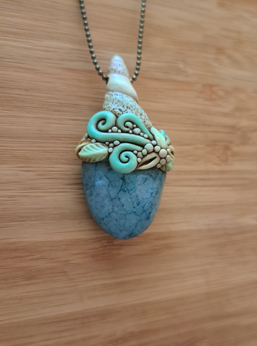 Aqua Crackle Quartz Crystal and Polymer Clay Amulet Pendant