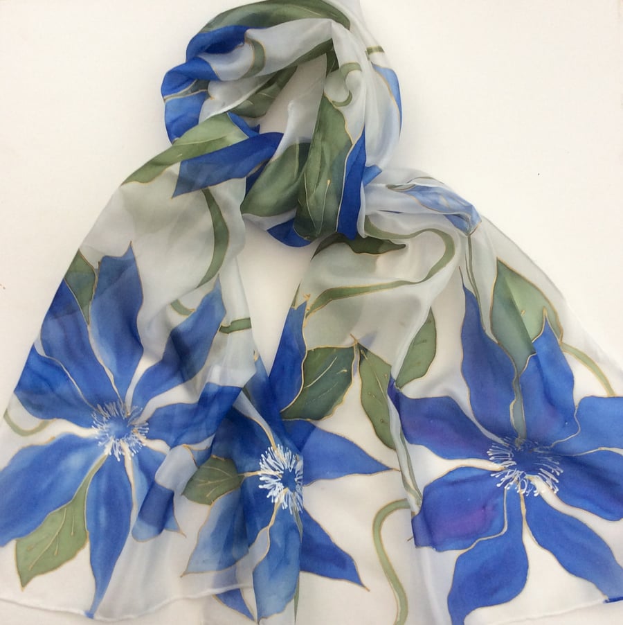Blue Clematis hand painted  Silk Scarf