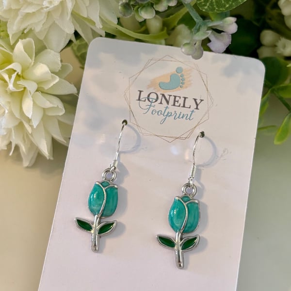 Turquoise Tulip Enamel Earrings, Floral Jewellery, Handmade Gift for Her