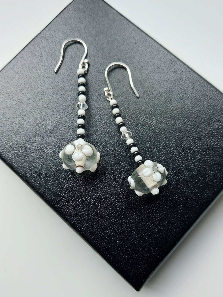 Black and White Dangle Earrings with Lampwork Beads and Swarovski Crystal