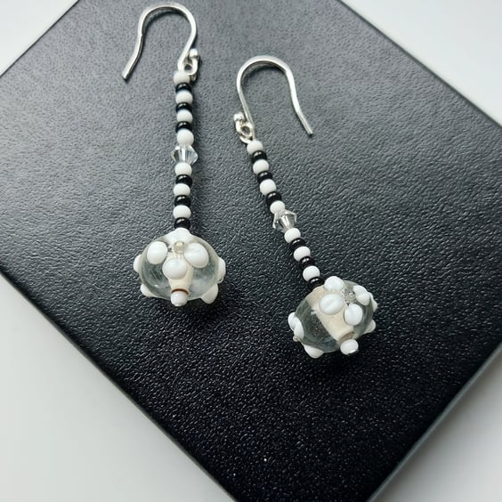 Black and White Dangle Earrings with Lampwork Beads and Swarovski Crystal