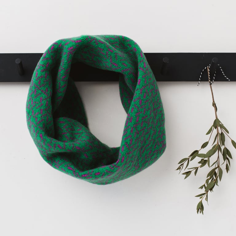 Scatter knitted cowl - billiard green and honesty pink
