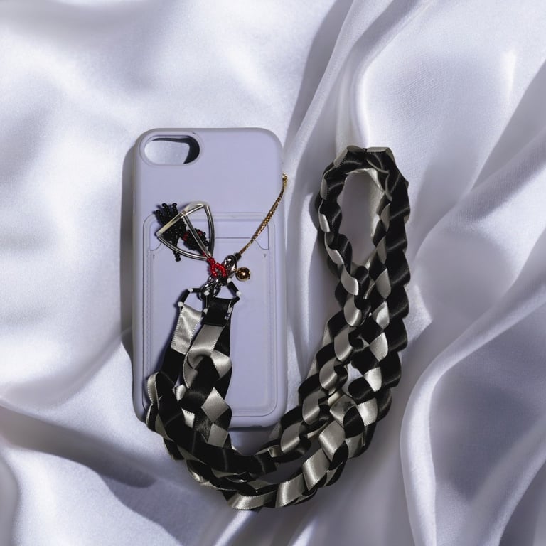 Halloween Black Cat Phone Strap – Black & Silver Ribbon with Beaded Charm