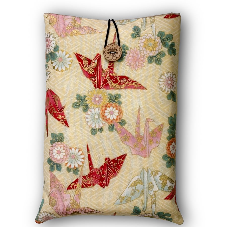 Origami Crane Book Sleeve – Japanese Cotton Book Protector with Coconut Button