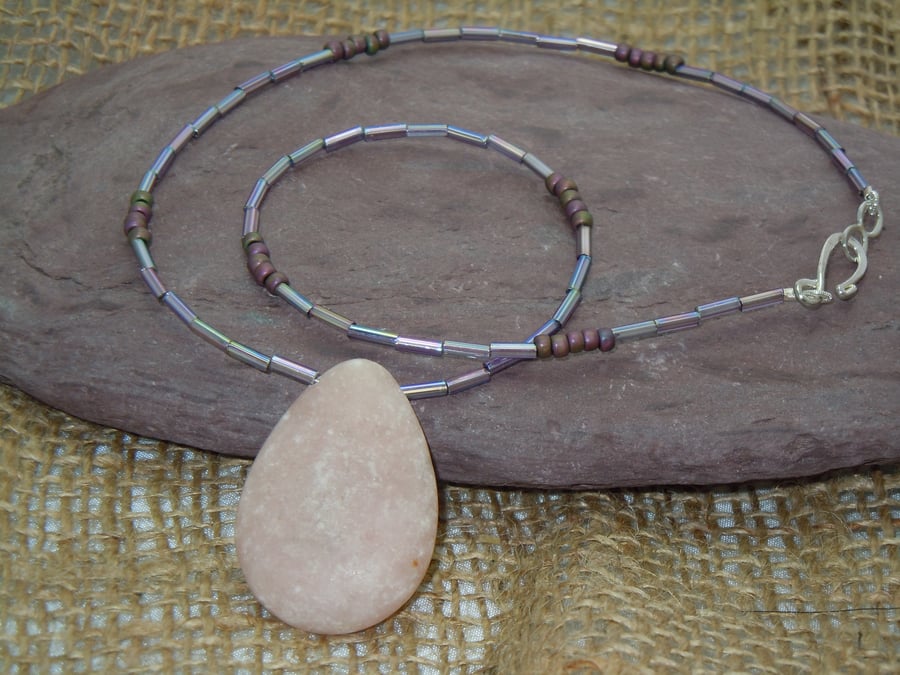 Oval Rhodonite pendant necklace with glass seed beads & silver plate clasp