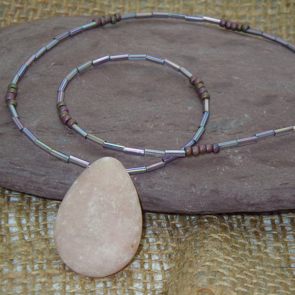 Oval Rhodonite pendant necklace with glass seed beads & silver plate clasp