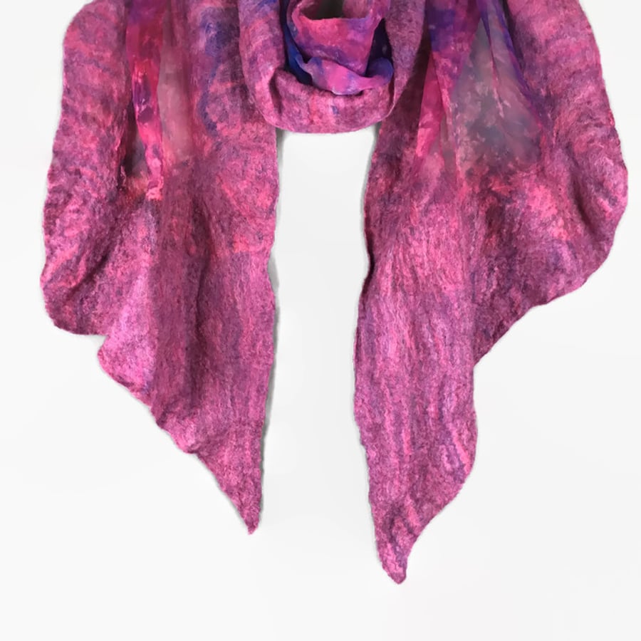 Hand dyed silk scarf with nuno felted border in shades of pink