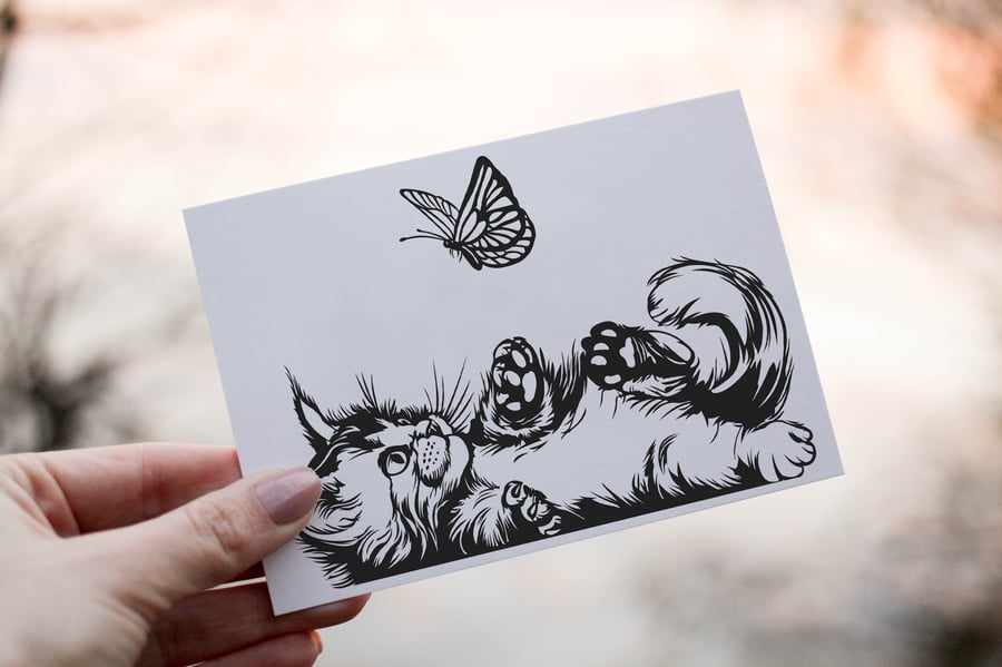 Cat & Butterfly Birthday Card, Cat Birthday Card, Personalized Butterfly Card