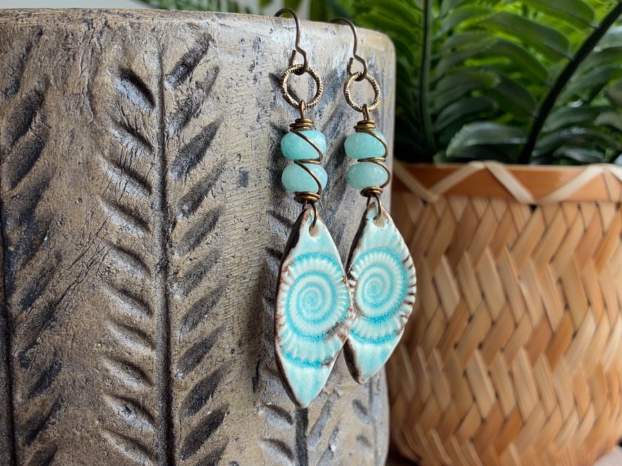 Ocean-Inspired Ceramic Fossil Earrings with Dyed Quartz and Brass Earwires