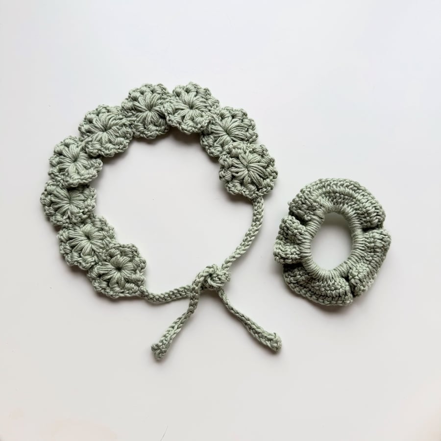 Floral Crochet Headband & Scrunchie Set – Sage Green Silk Cotton Blend