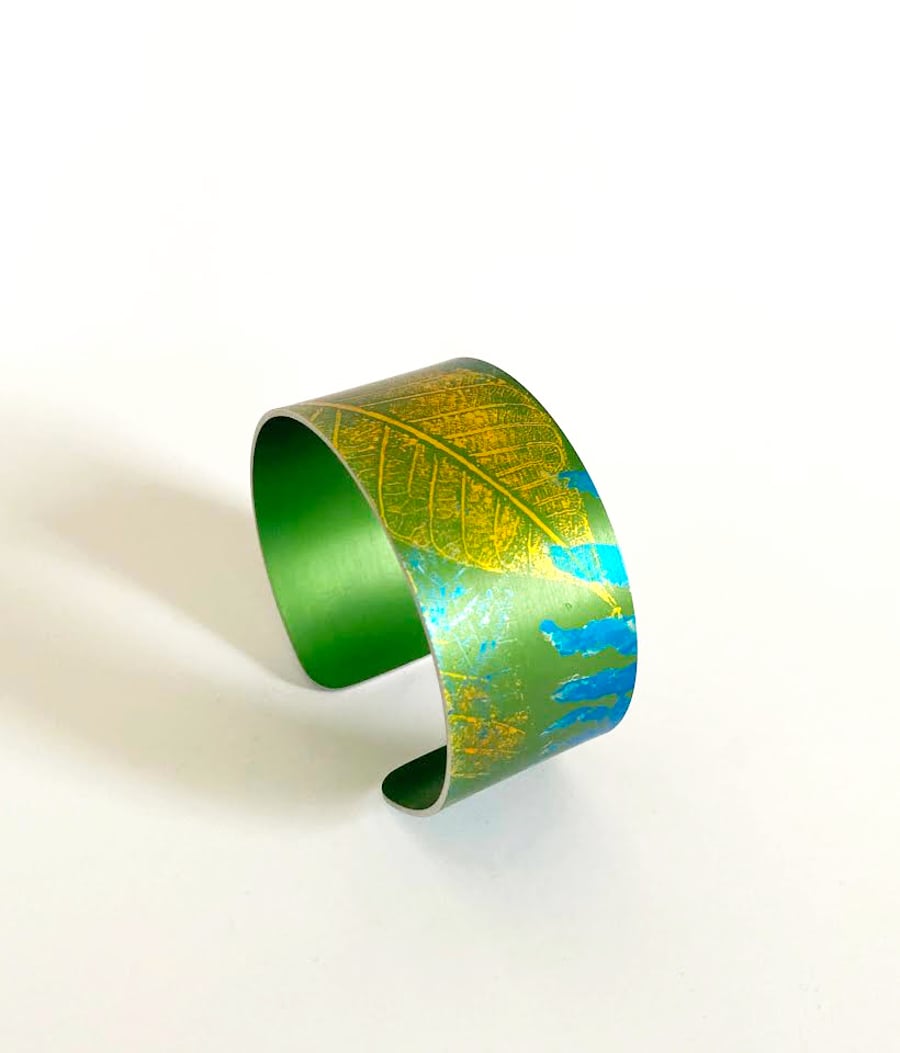 Handmade Leaf Anodised Aluminium Cuff Bangle, Botanical Unique Artistic Jewelry