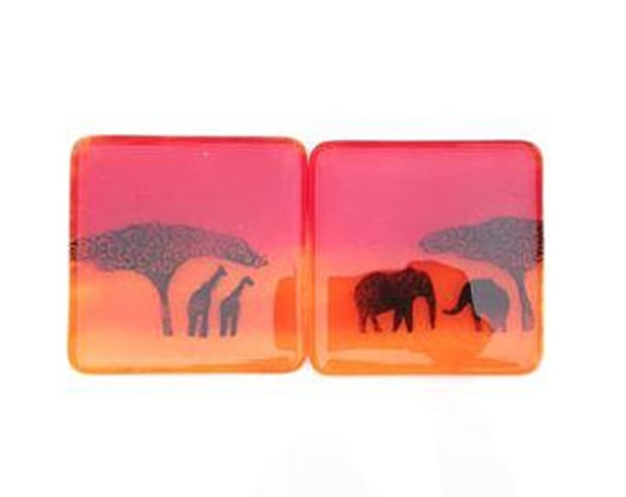 Fused Glass Elephant and Giraffe Savannah Sunset Coasters