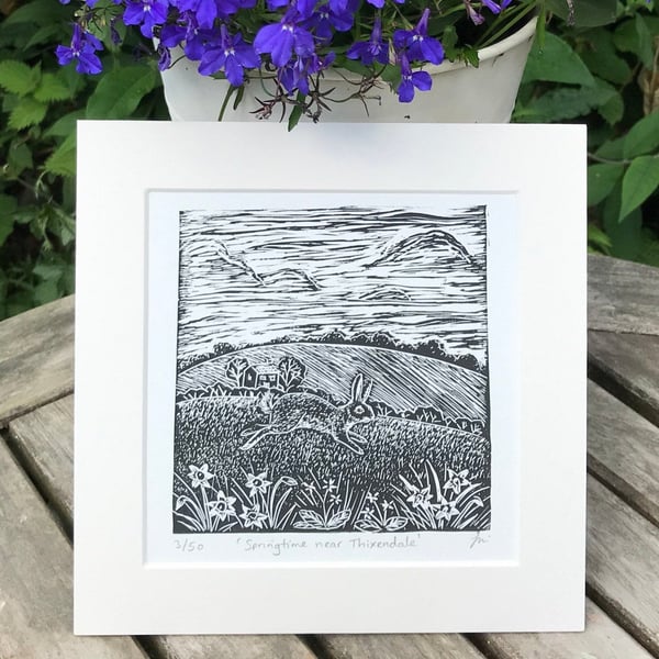 Leaping Rabbit linocut print, an original limited edition lino print