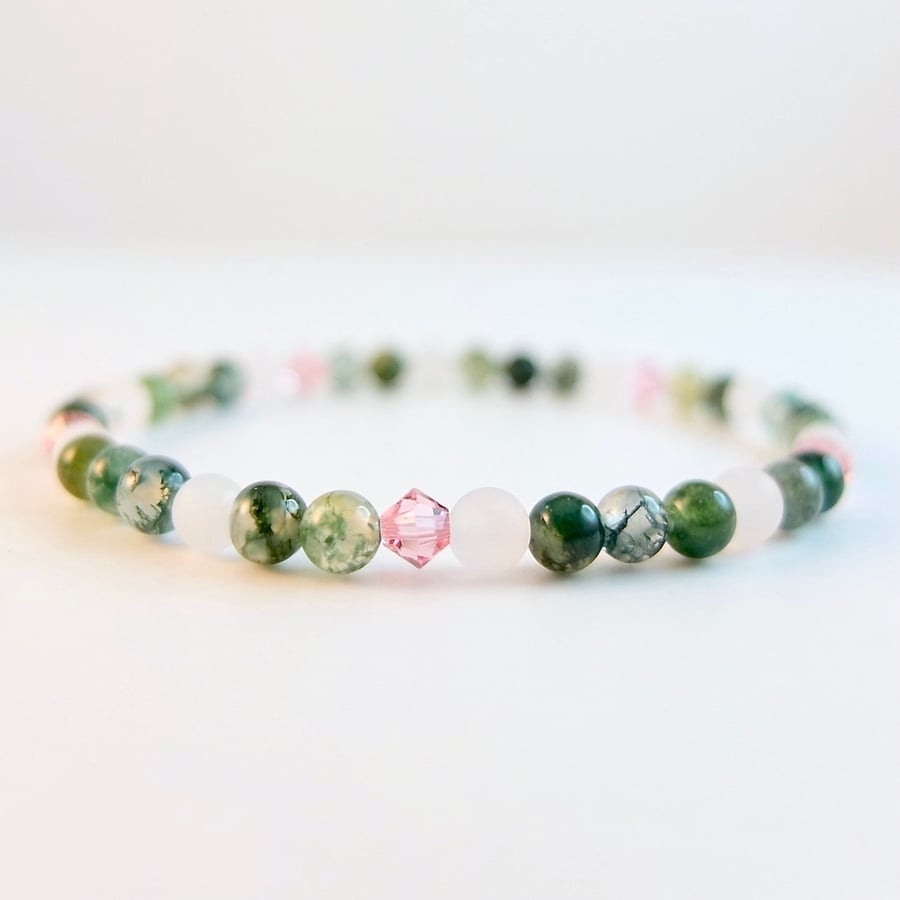 Moss Agate, Rose Quartz And Swarovski Crystal Bracelet - Handmade In Devon.