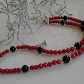 Genuine Eco Coral & Black Onyx Necklace 925 Sterling Silver