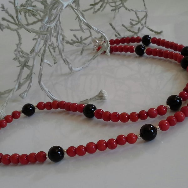 Genuine Eco Coral & Black Onyx Necklace 925 Sterling Silver