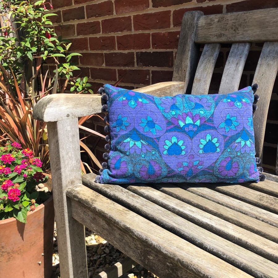 Reclaimed vintage barkcloth and denim cushion