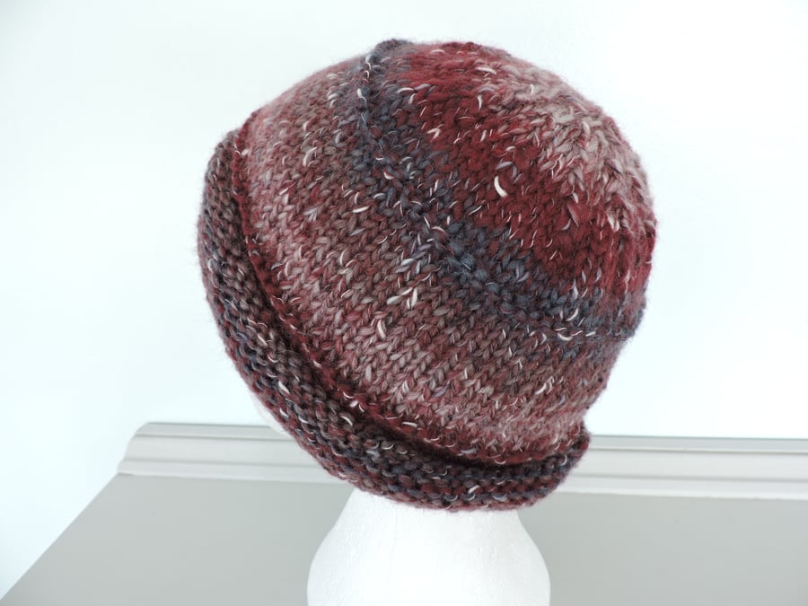 Beanie Hat  Dark Red, Cream and Grey Hand Knitted