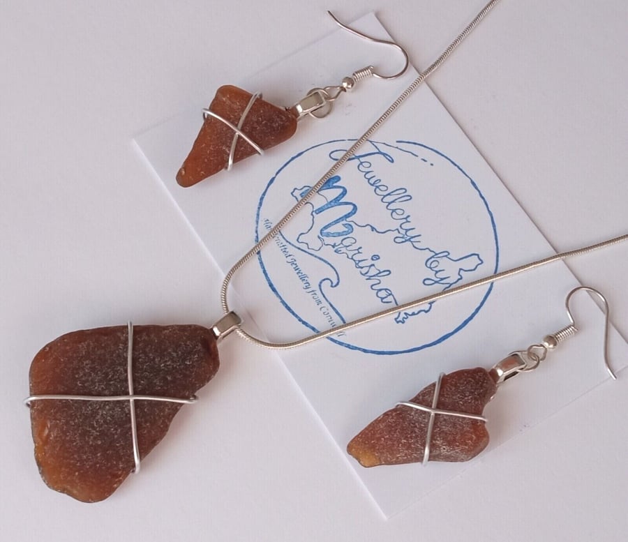 Rich Brown Wire-Wrapped Handmade Cornish Seaglass Necklace & Earrings Gift Set