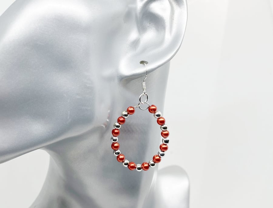 Hoop faux pearl beads pierced earrings burnt orange silver ball beads spacers.
