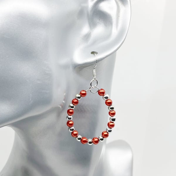 Hoop faux pearl beads pierced earrings burnt orange silver ball beads spacers.
