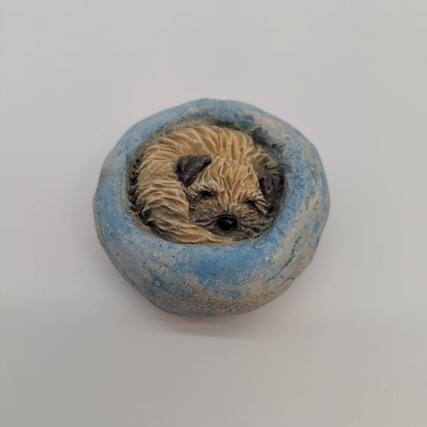 Yorkshire Pudding Border Terrier Mini Sculpture - light blue bed