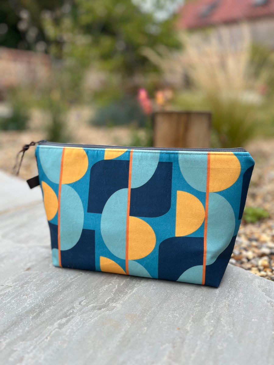 Navy teal and yellow velvet large zip pouch with reclaimed linen lining