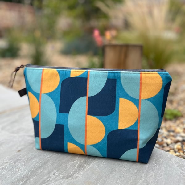 Navy teal and yellow velvet large zip pouch with reclaimed linen lining