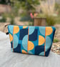 Navy teal and yellow velvet large zip pouch with reclaimed linen lining