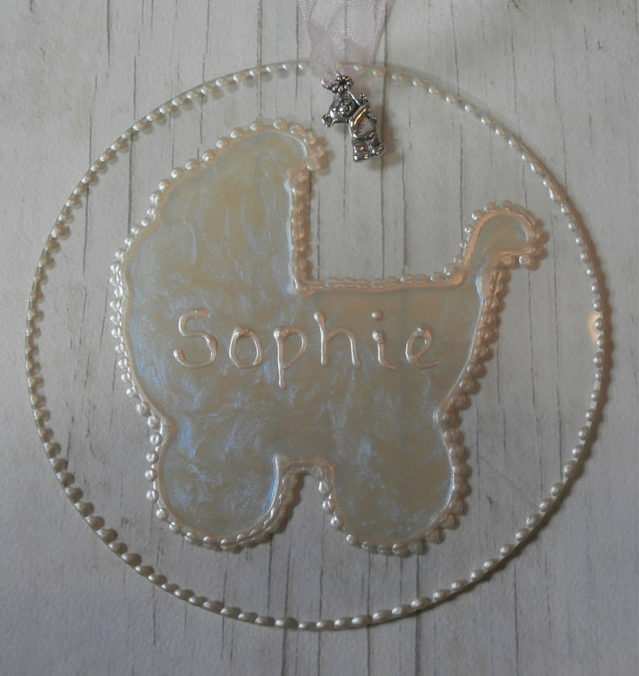 New baby, baby girl, baby boy. Christening hand painted personalised sun catcher