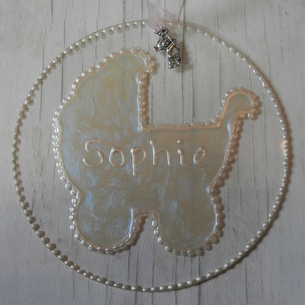 New baby, baby girl, baby boy. Christening hand painted personalised sun catcher